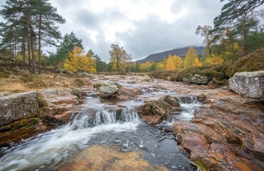 A serene landscape of the Scottish Highlands, featuring waterfalls and rocky terrain in autumn colors. The background features majestic mountains with soft light filtering through clouds, creating 