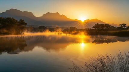 Fototapeta premium Serene Sunrise Over Misty Lake with Mountains in Background