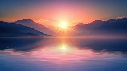 Fototapeta premium Serene Sunrise Over Mountain Lake with Reflection and Tranquility