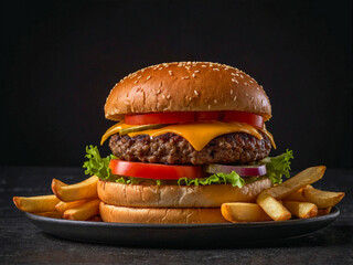 Juicy Hamburger and Crispy Fries on a Wooden Board