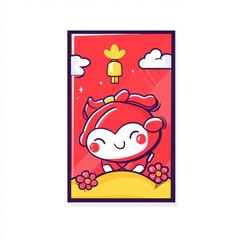 Cheerful Cartoon Character in Traditional Attire Surrounded by Flowers and Clouds, Symbolizing Joy and Festivity, Bright Red Background with Decorative Elements