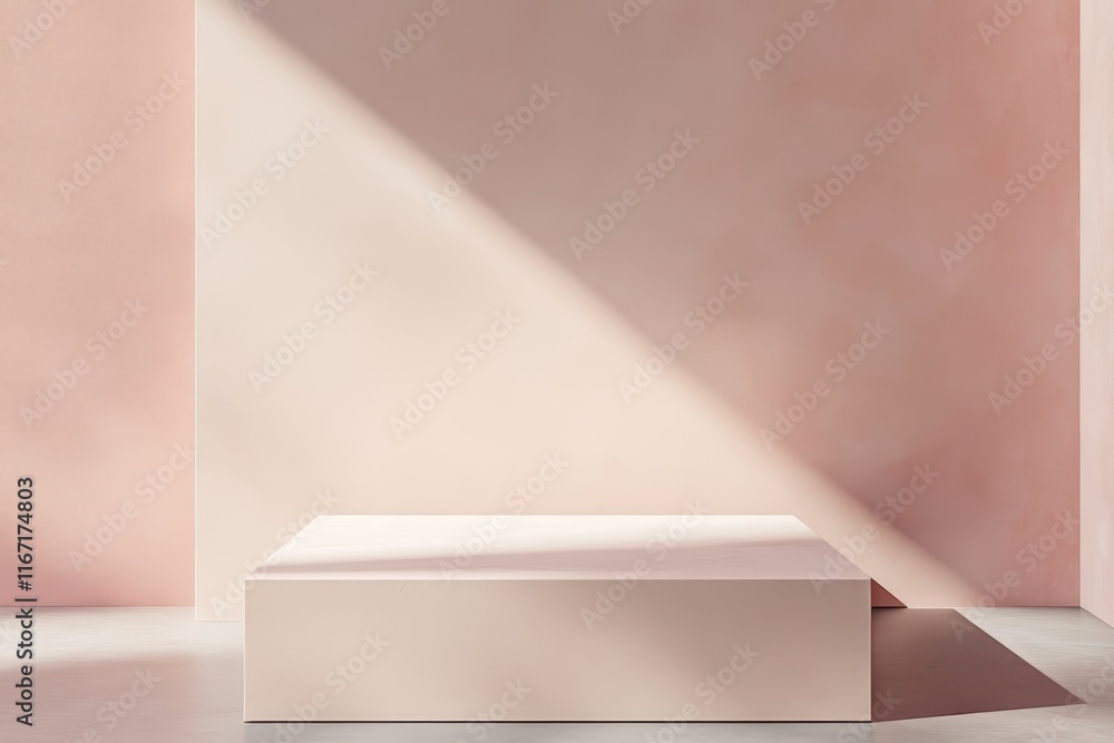 Poster modern minimalist setup with a soft pink background and geometric platform highlighting light and sh