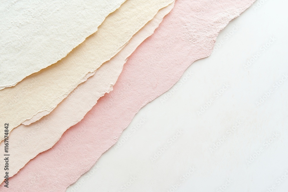 Poster layers of textured handmade paper in soft pastel shades displayed artistically on a neutral backgrou