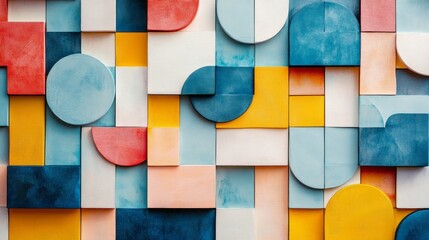 Fototapeta premium Risograph geometric pattern in tiles, decorative abstract art with riso shapes, banner, wallpaper