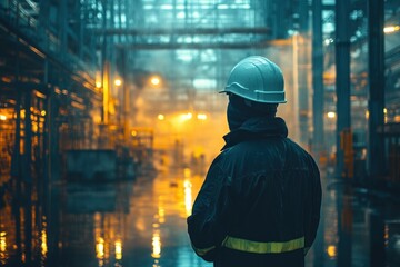 Two Workers Performing Maintenance in Industrial Setting with White Helmets and Soft Lighting