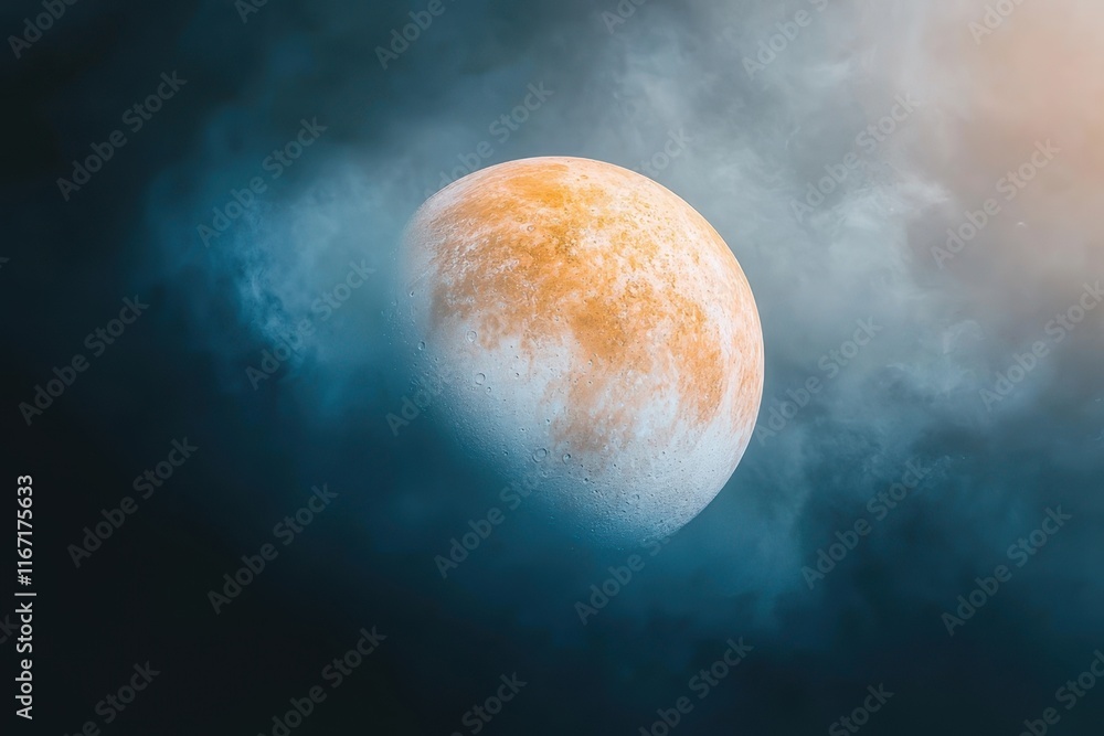 Poster bright celestial body illuminated by soft clouds in a cosmic atmosphere during a twilight formation.