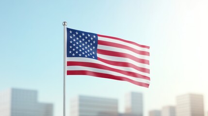 A waving American flag against a city skyline backdrop.