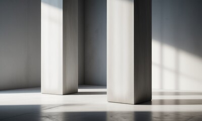 Minimalist architecture with concrete columns and geometric shadows