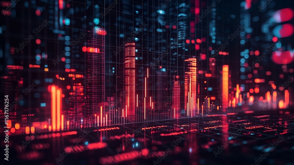 Aufkleber abstract digital cityscape with neon lights and data visualizations
