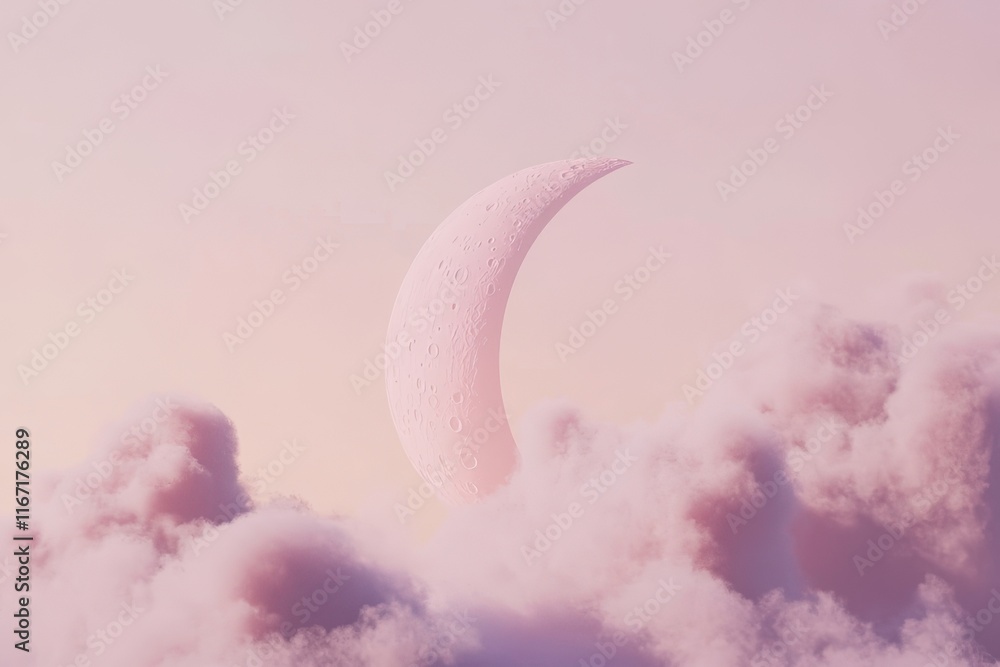 Aufkleber dreamy pink crescent moon glowing in soft clouds during twilight hours. generative ai
