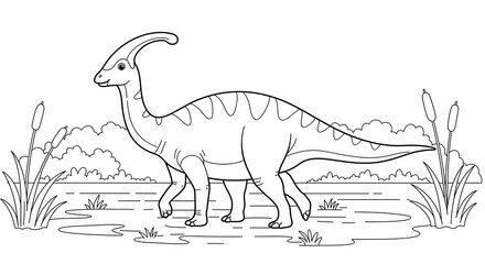Fototapeta premium Cute prehistoric dinosaur coloring page illustration. Kids drawing. Black and white animal.