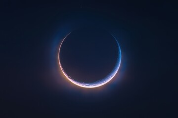 Crescent moon illuminated in deep blue night sky showcasing celestial beauty. Generative AI