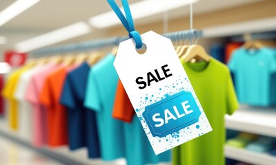 Colorful tshirt sale event with discount tags in a trendy store