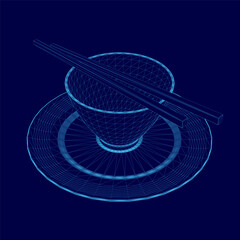 Blue plate with a cup and chopsticks on it. The image is in a blue color