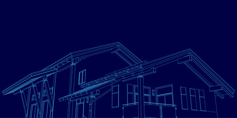 Blue image of a house with a blue roof. The house is shown in a 3D format, giving it a futuristic appearance. Concept of modernity and innovation