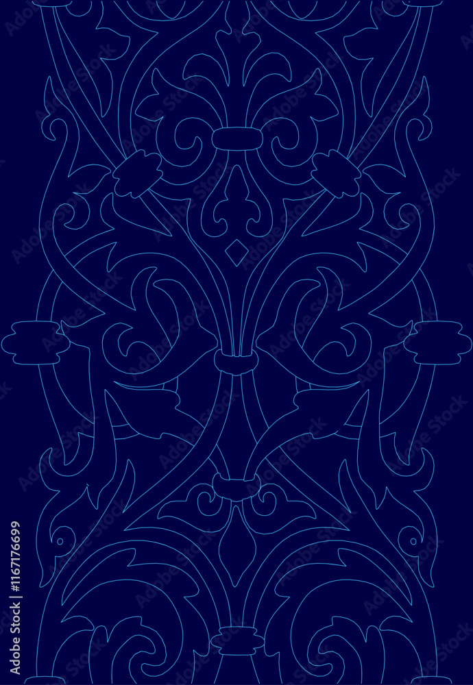 Poster blue design with intricate patterns and details. the blue color scheme creates a sense of elegance a