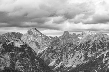 Obraz premium Contrast of Light and Shadow in the Rofan Mountains, Austria, Captured in Black and White