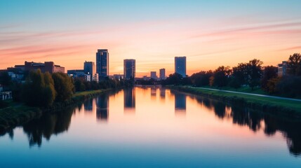 Captivating City Skyline Reflecting in Tranquil River at Sunset