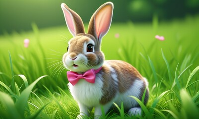 Fototapeta premium Adorable rabbit with pink bow tie in lush green grass field