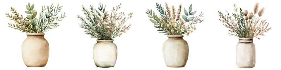 Fototapeta premium Assorted Floral Arrangements in Ceramic Vases on Neutral Background
