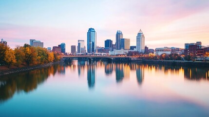 Obraz premium Majestic City Skyline Reflecting in Serene River at Dusk