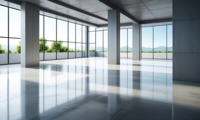 Modern sunlit empty office with glass walls and mountain view