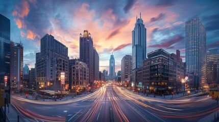 Fototapeta premium Urban City Skyline at Dusk with Colorful Clouds and Light Trails