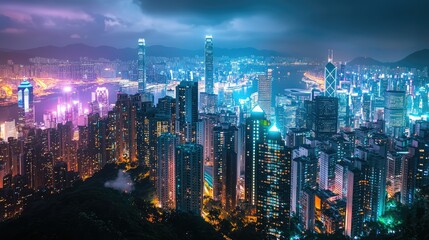 Obraz premium Vibrant Night Skyline of Hong Kong with Neon Lights and Skyscrapers