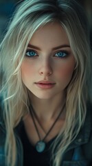 Fototapeta premium Captivating portrait of a young woman with striking blue eyes and flowing blonde hair in soft natural light