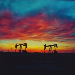Fototapeta premium Silhouette of oil pumps at a colorful sunset.