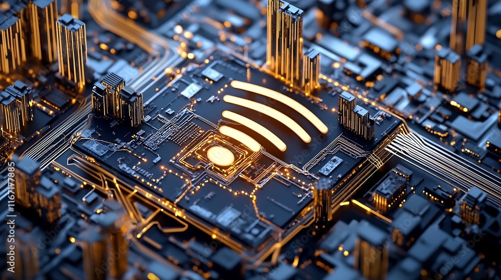 Aufkleber illuminated wi-fi 7 symbol embedded in futuristic 5g cityscape with flowing tech networks