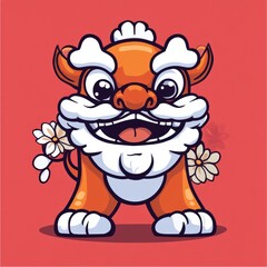 Obraz premium Adorable Cartoon Lion Dance Figure with Flower Accents Against a Bright Red Background, Perfect for Celebrating Cultural Festivals and Events