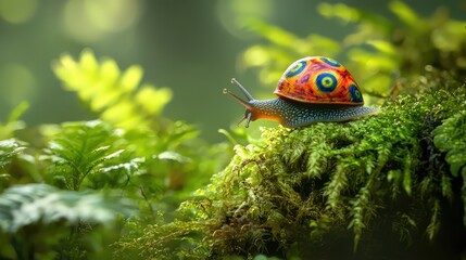 Colorful Snail on Mossy Log in Lush Green Forest Environment