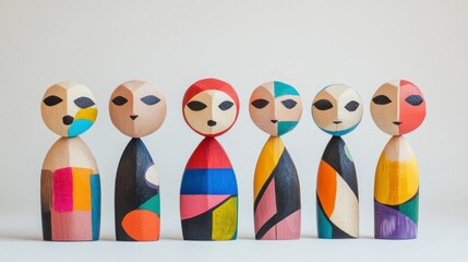 Colorful wooden figures with geometric patterns.