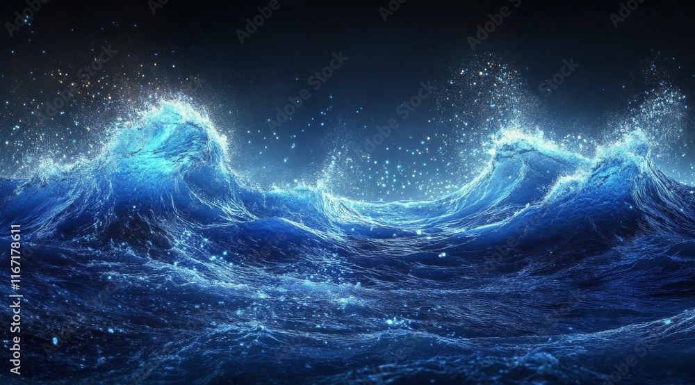 Poster dynamic blue waves flow gracefully against a dark backdrop with sparkling particles
