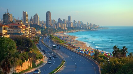 Fototapeta premium Scenic Coastal View of City Skyline and Vibrant Beach Landscape