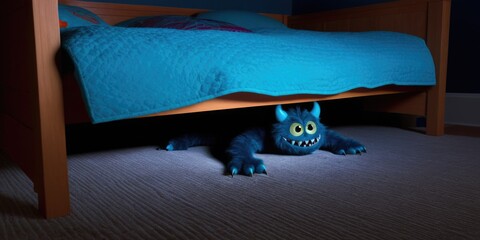 Friendly monster peeking from under bed with bright eyes and blue fur in dark room
