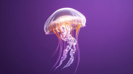 A translucent jellyfish floating against a purple background.