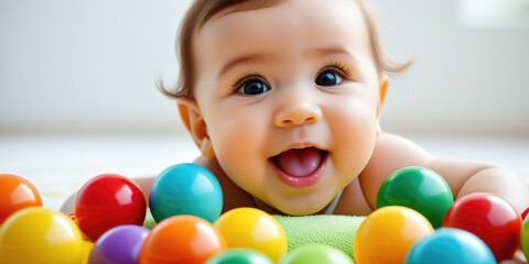 Obraz premium Adorable baby smiling with colorful toys displaying joy and innocence