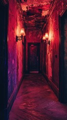 Obraz premium Eerie Dimly Lit Hallway with Vintage Wall Sconces and Peeling Paint