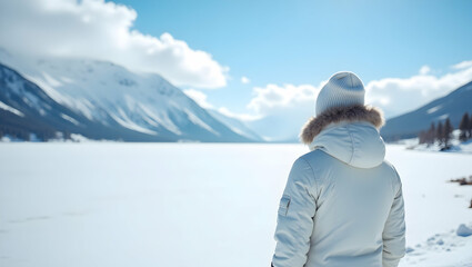 Person in winter jacket enjoying snowy mountain landscape