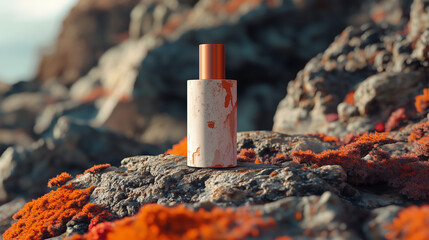 Fototapeta premium Photographie publicitaire d'un design de produit : une bouteille d'huile, de parfum ou de cosmétique en céramique effet marbre avec bouchon laiton dans décors rocheux avec mousse