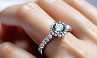 Elegant diamond engagement ring on finger in natural light