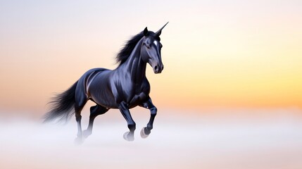 A black unicorn galloping through mist at sunrise.