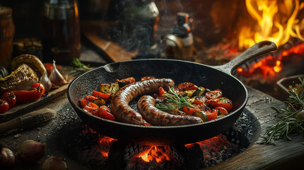 Fototapeta premium A cast iron skillet sizzling with sausages and vegetables over an open fire, placed on a rustic wooden table nearby, capturing the essence of outdoor cooking and a rustic, hearty meal.