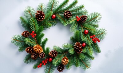 Festive holiday wreath with pine cones and red berries on white background