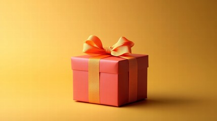 Orange Gift Box with Yellow Ribbon on Yellow Background