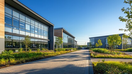 Obraz premium Modern Office Buildings Surrounded by Lush Green Landscaping
