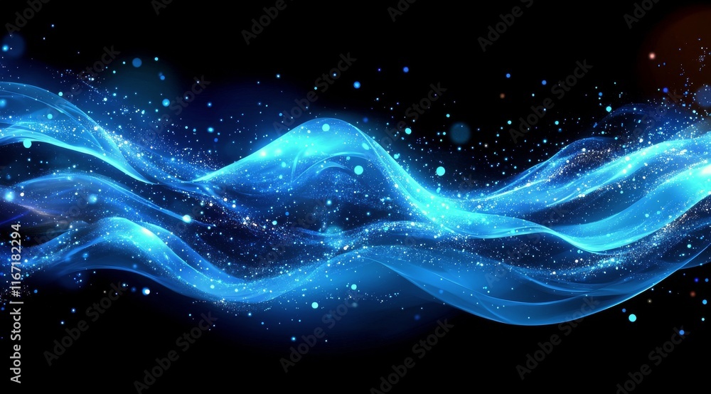 Poster dynamic blue waves flow gracefully against a dark backdrop with sparkling particles