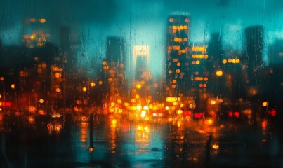 Blurry background of bokeh lights, rainy day soft focus cityscape in teal orange colors, Generative AI